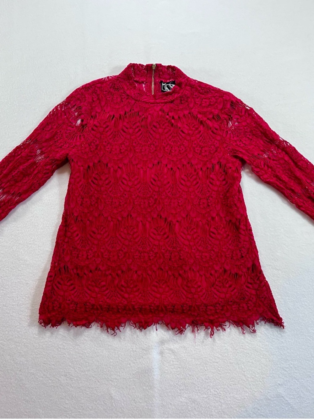 Lace Mock Neck Long Sleeve Top in Red - INNY